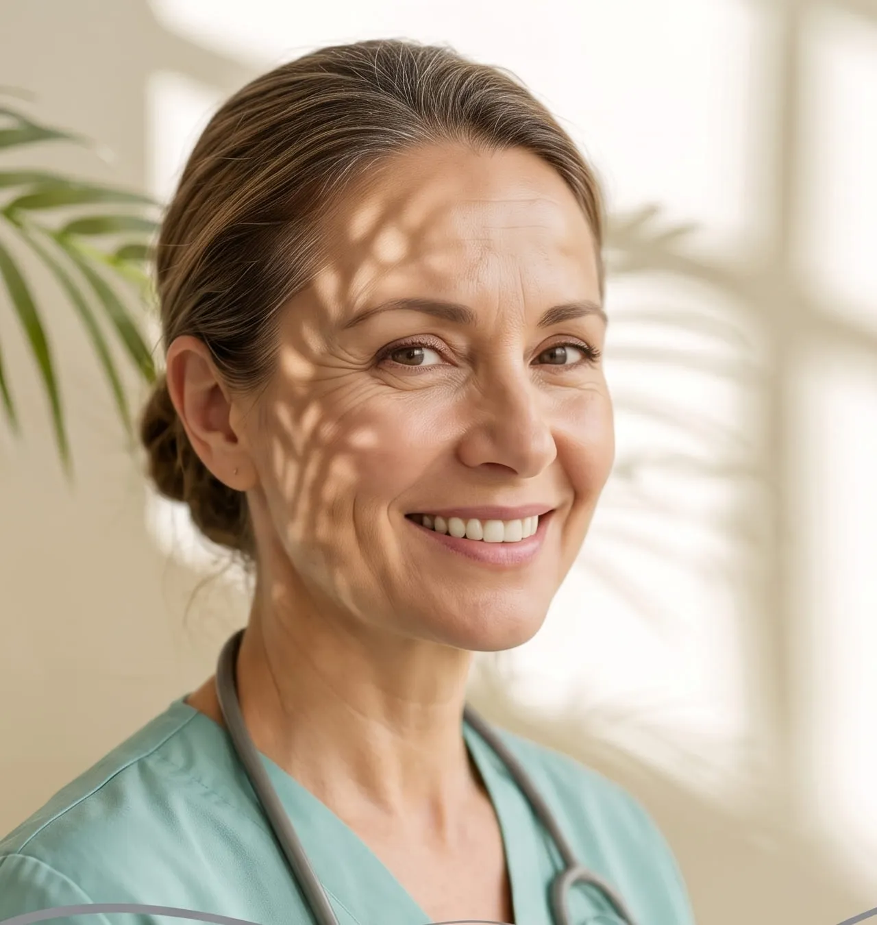 Médica sonriendo con filipina, junto a una ventana, con sombras de palmera sobre la pared